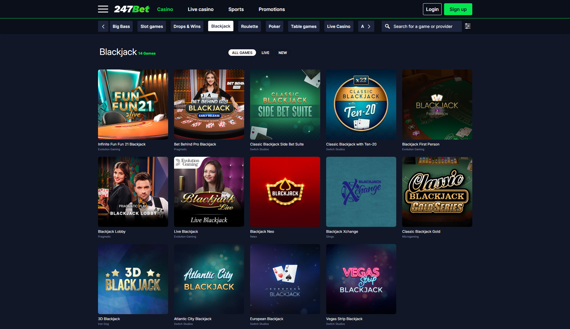 Blackjack games available at 247Bet